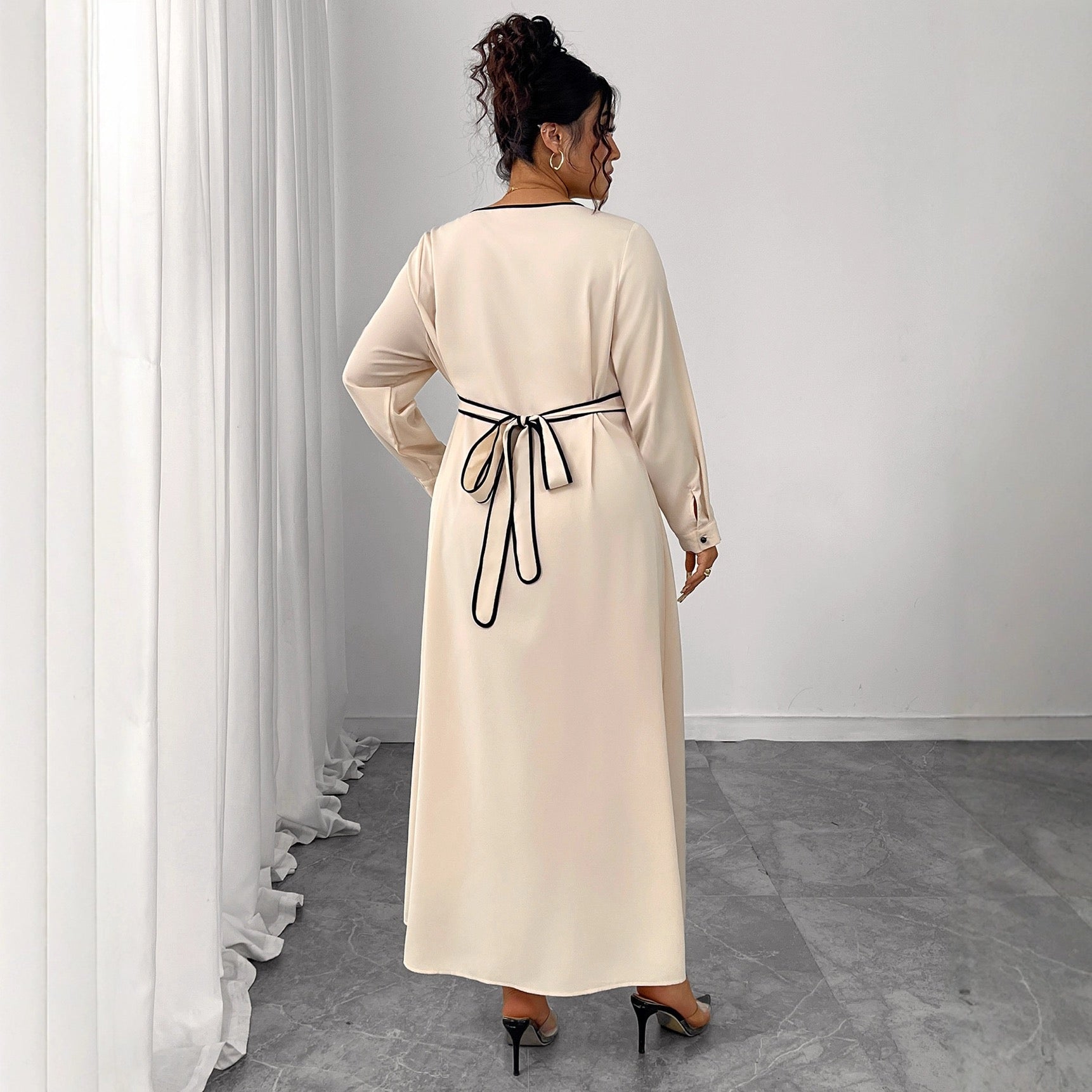 Plus Size Long Sleeve Maxi Dress with Button Detail and Shaped Waist
