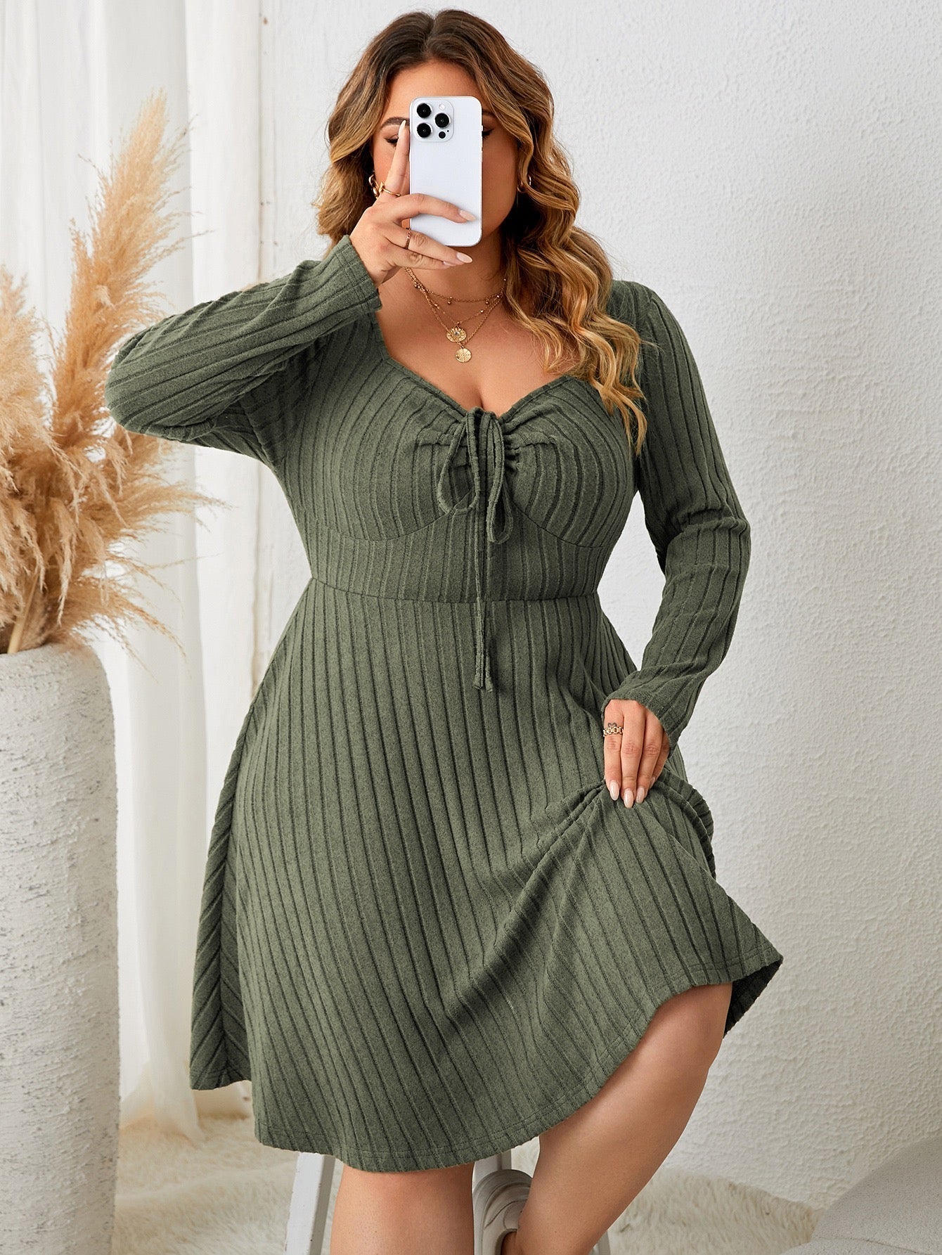 Plus Size Casual Ribbed Dress with Sculpted Upper Fit