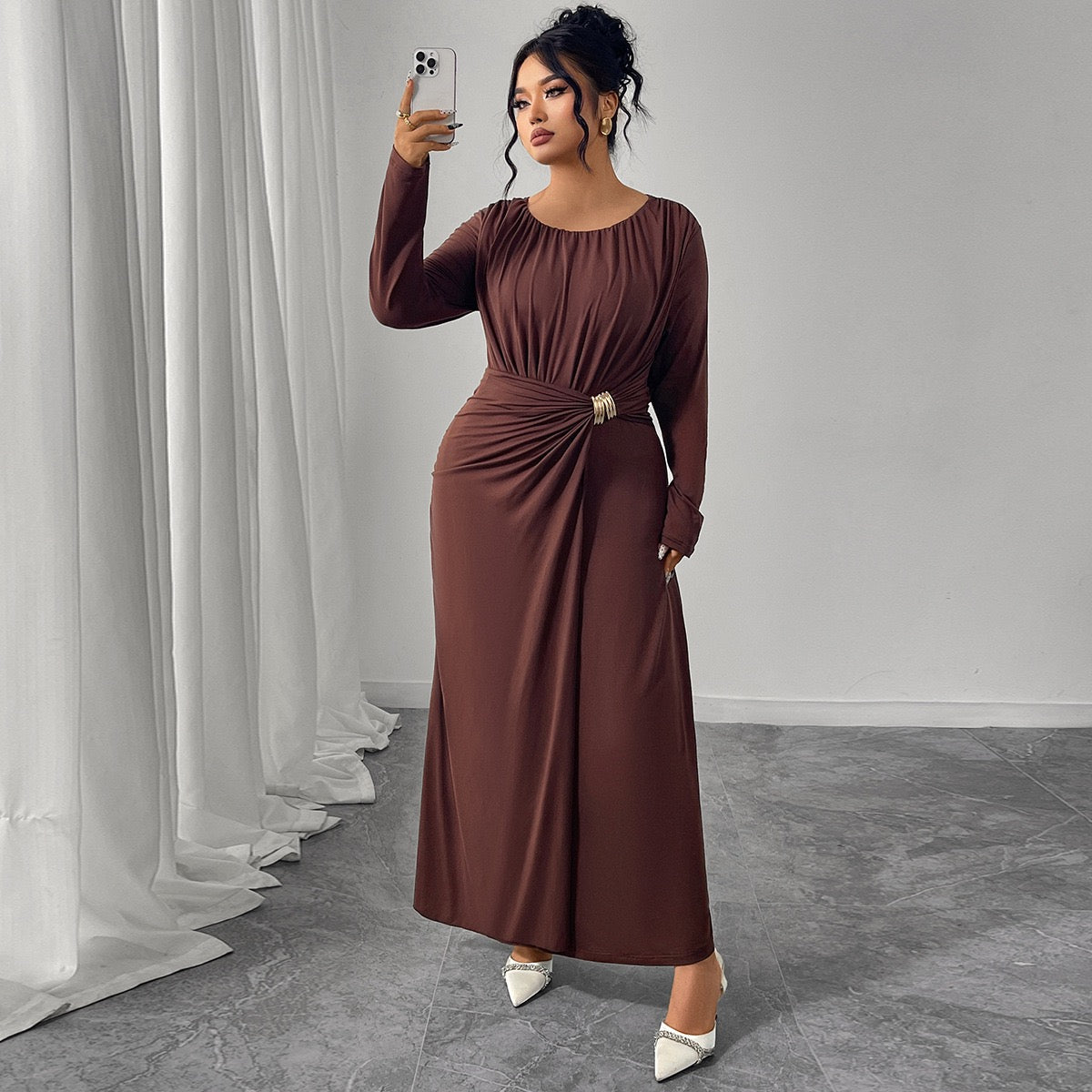 Plus Size Long Dress with Waist Draping and Fluid Fit