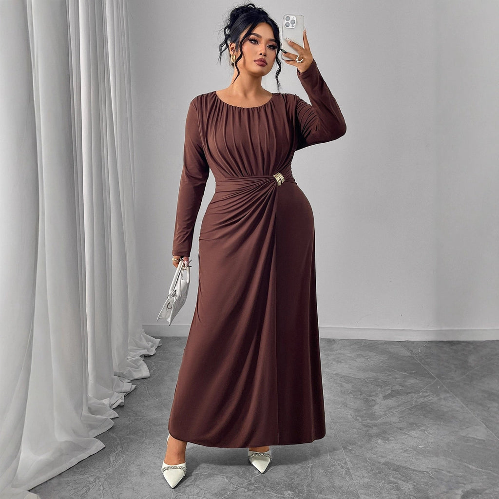 Plus Size Long Dress with Waist Draping and Fluid Fit