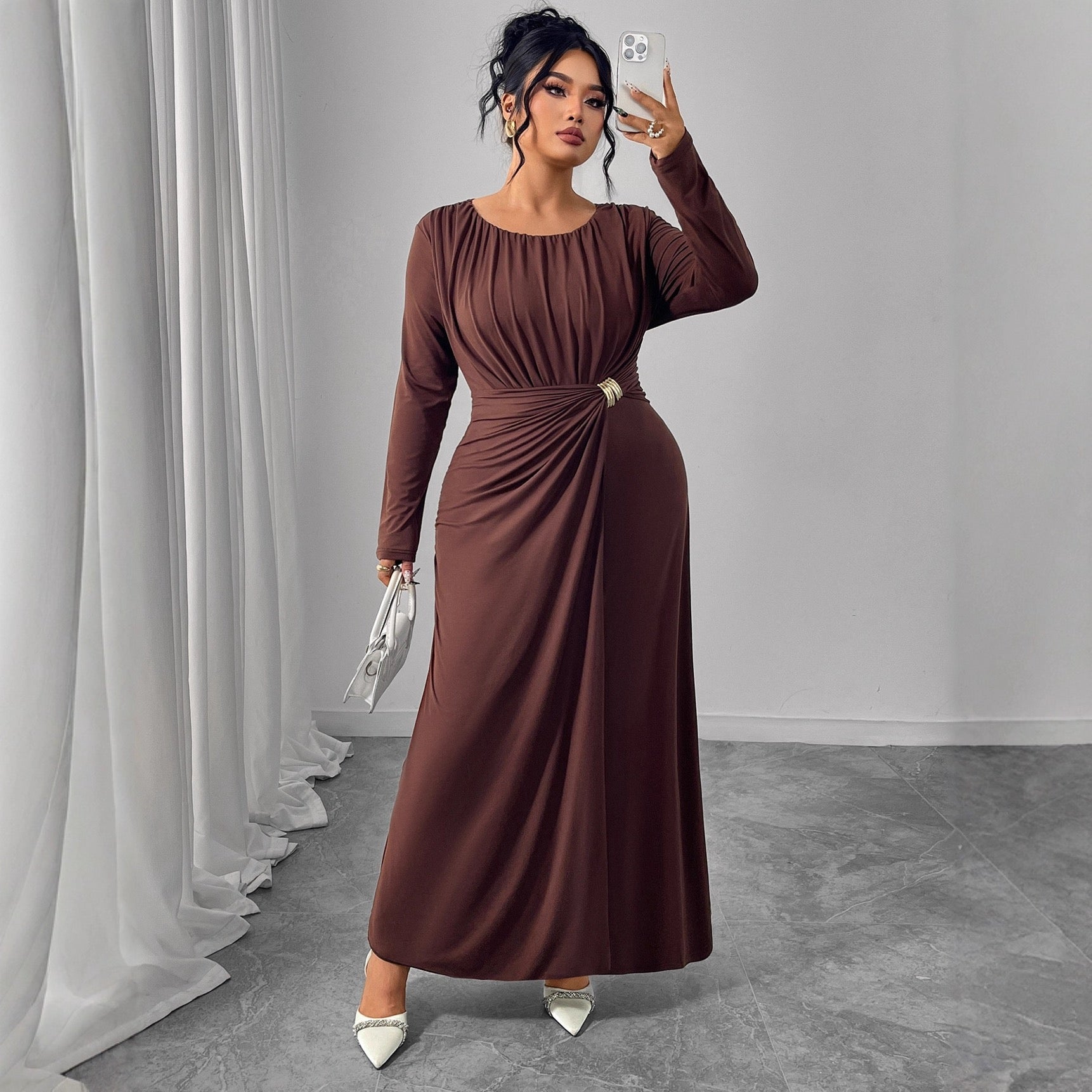 Plus Size Long Dress with Waist Draping and Fluid Fit