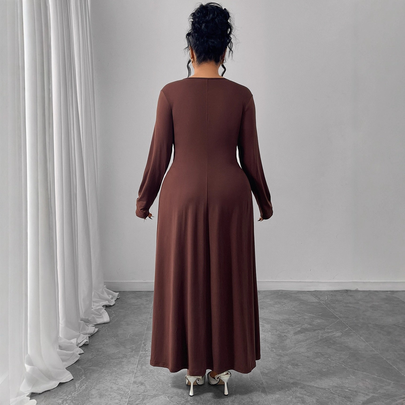 Plus Size Long Dress with Waist Draping and Fluid Fit