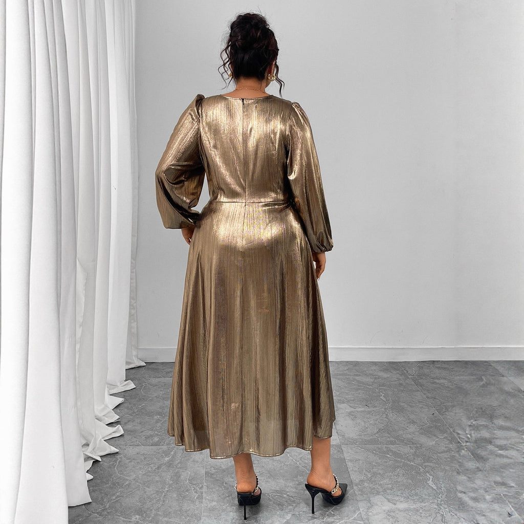 Plus Size Gold Shimmer Wrap Dress with Sculpted Waist