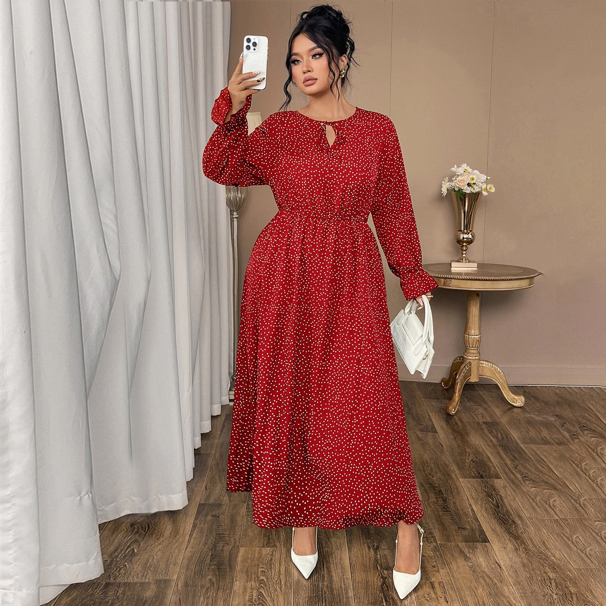 Plus Size Relaxed Polka Dot Maxi Dress with Adjustable Neckline