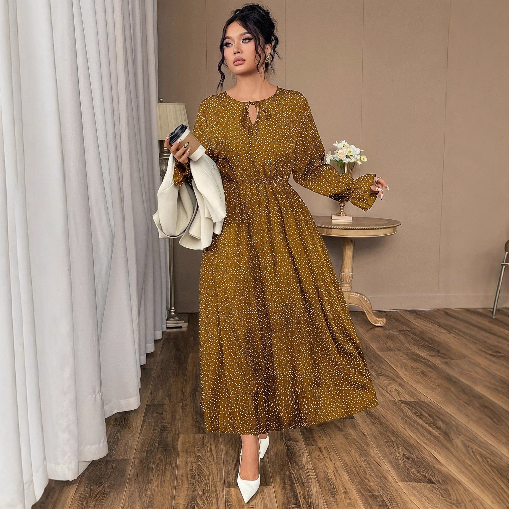 Plus Size Relaxed Polka Dot Maxi Dress with Adjustable Neckline