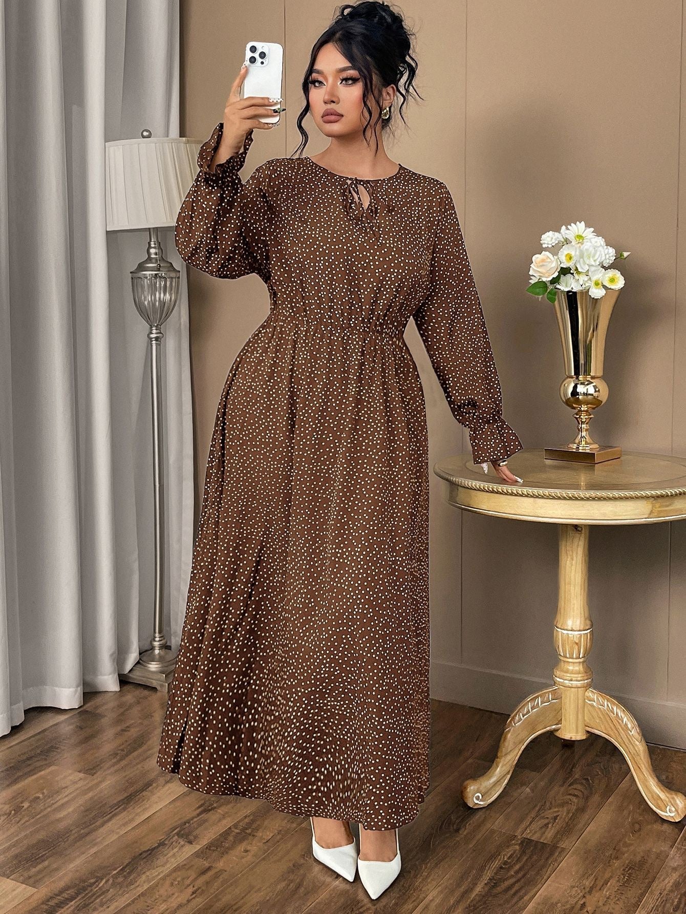 Plus Size Relaxed Polka Dot Maxi Dress with Adjustable Neckline