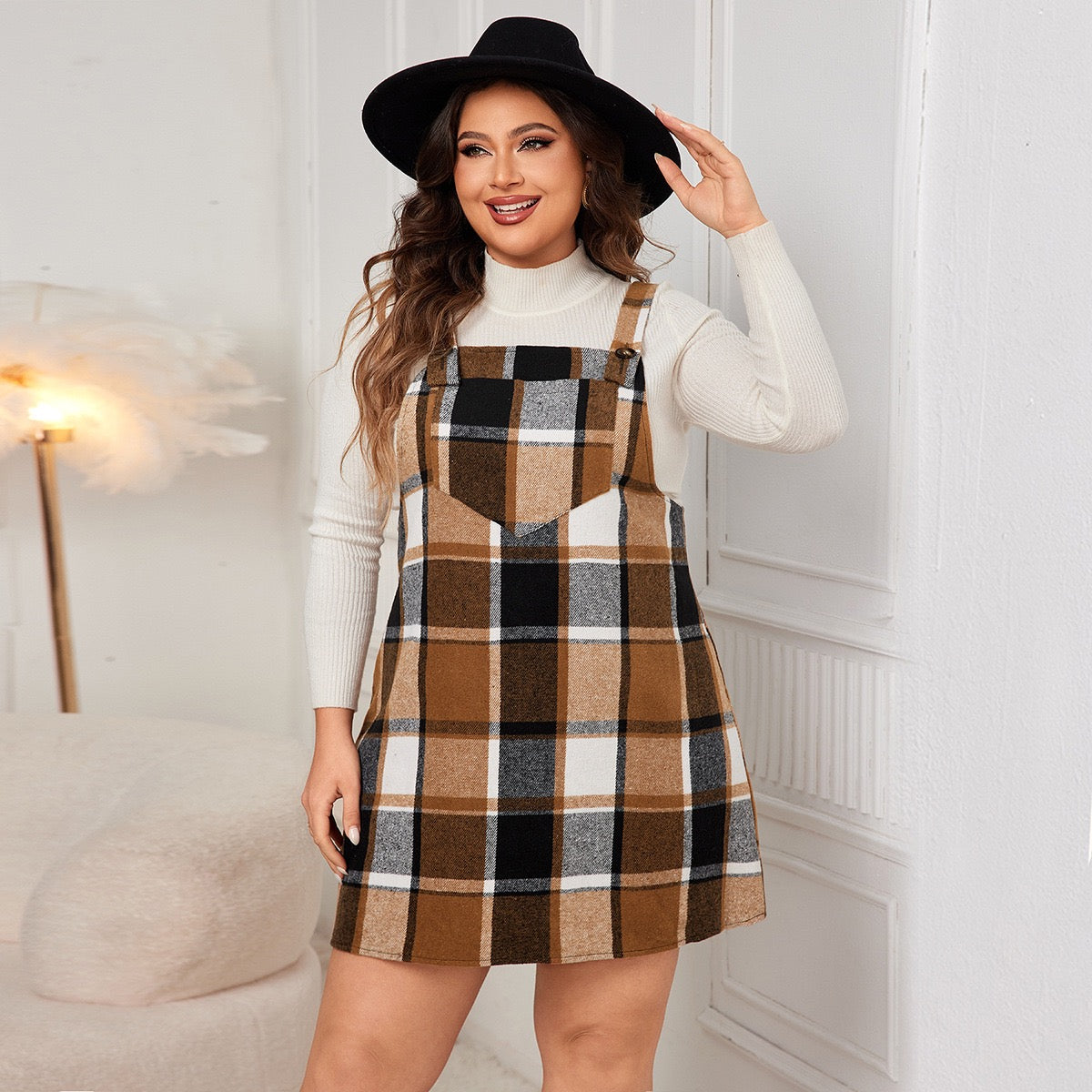 Plus Size Checkered Pinafore Dress