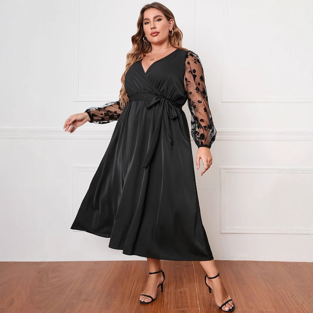 Plus Size Luxe Wrap Dress with Embroidered Transparency