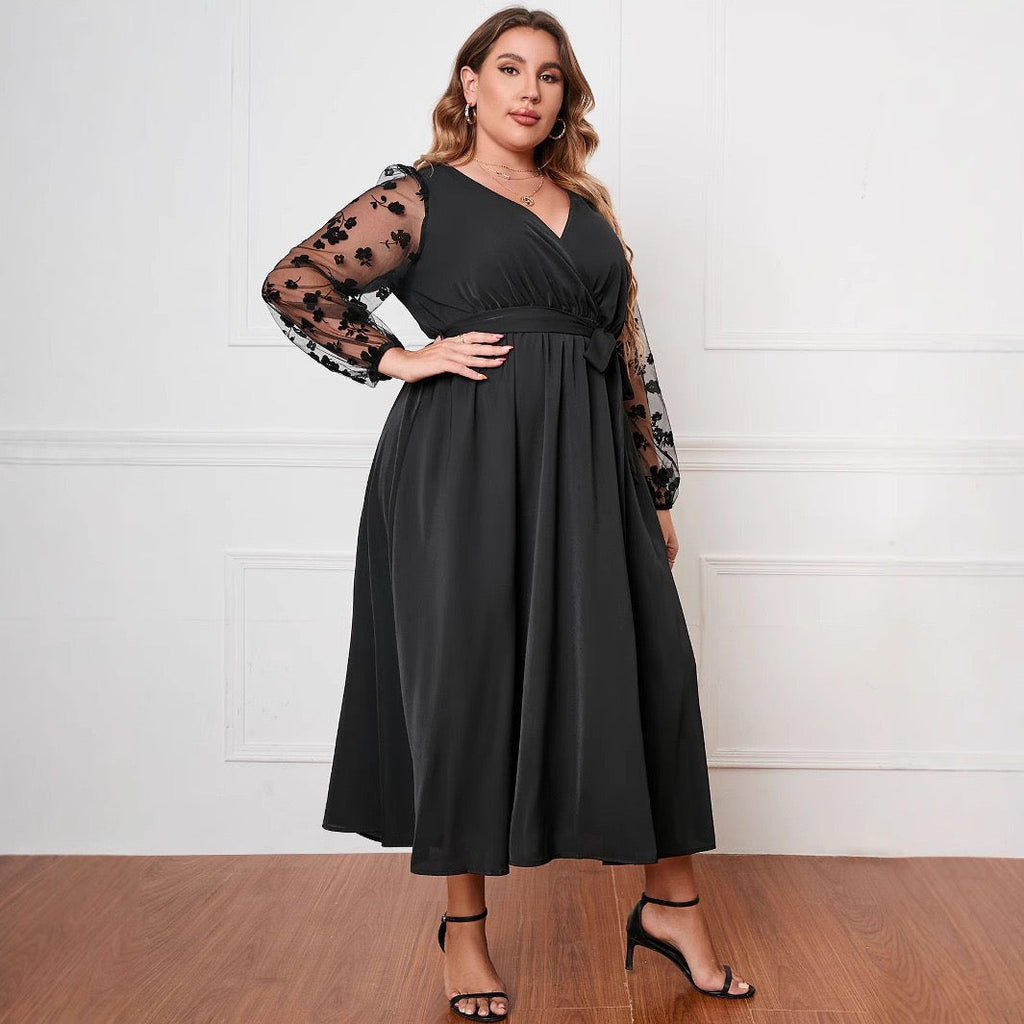 Plus Size Luxe Wrap Dress with Embroidered Transparency