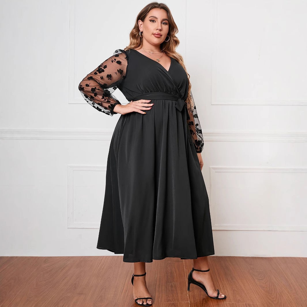Plus Size Luxe Wrap Dress with Embroidered Transparency