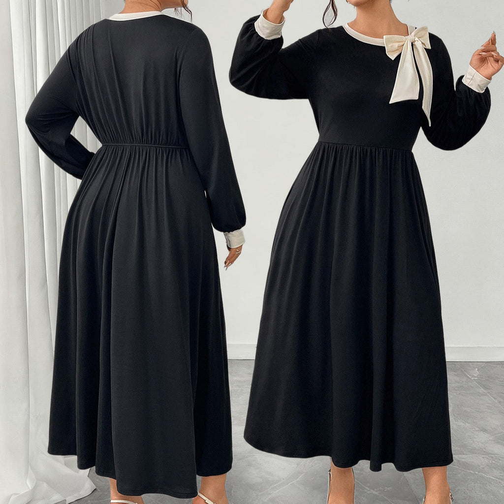 Plus Size Long Sleeve Dress with Decorative Bow Front