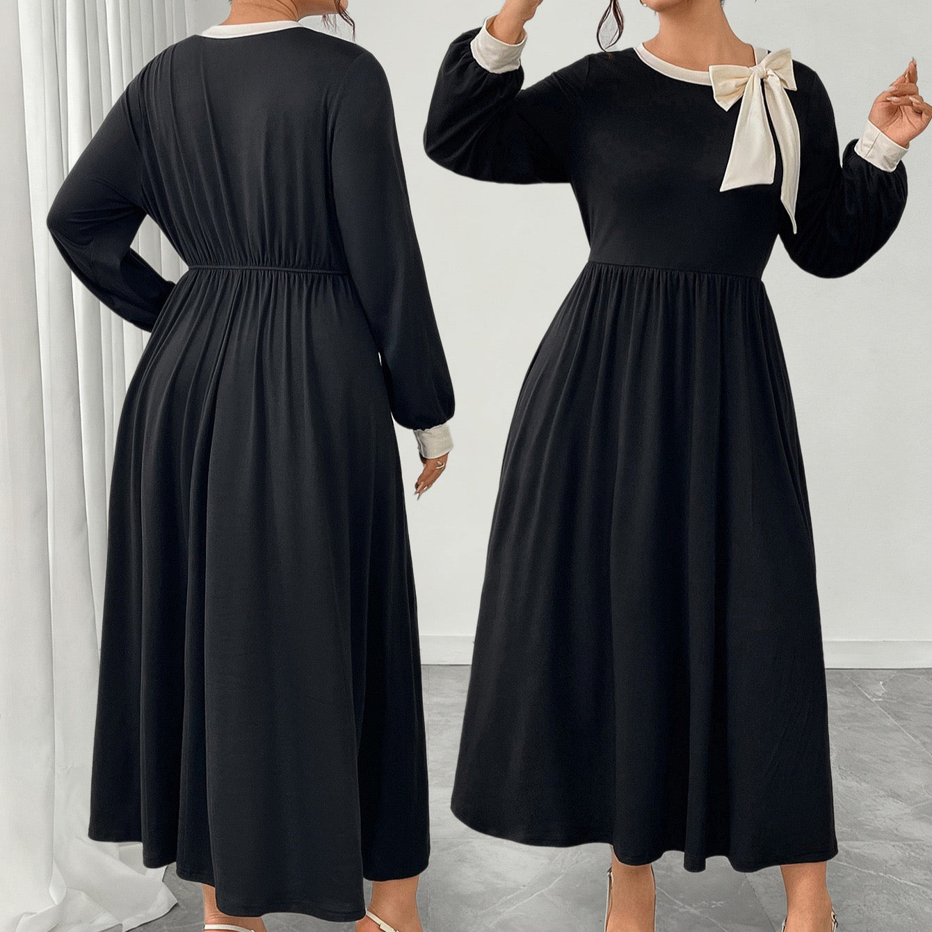 Plus Size Long Sleeve Dress with Decorative Bow Front