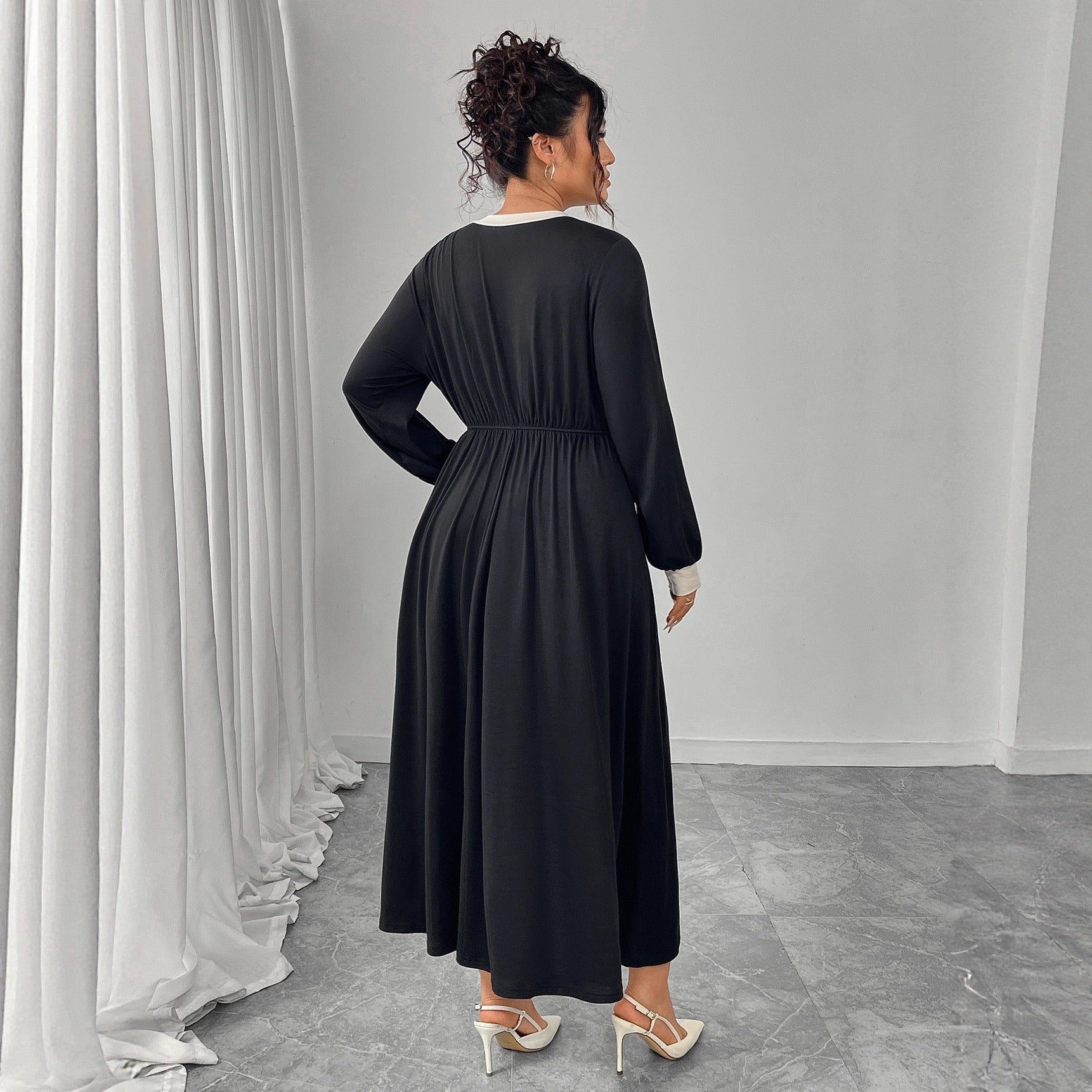 Plus Size Long Sleeve Dress with Decorative Bow Front