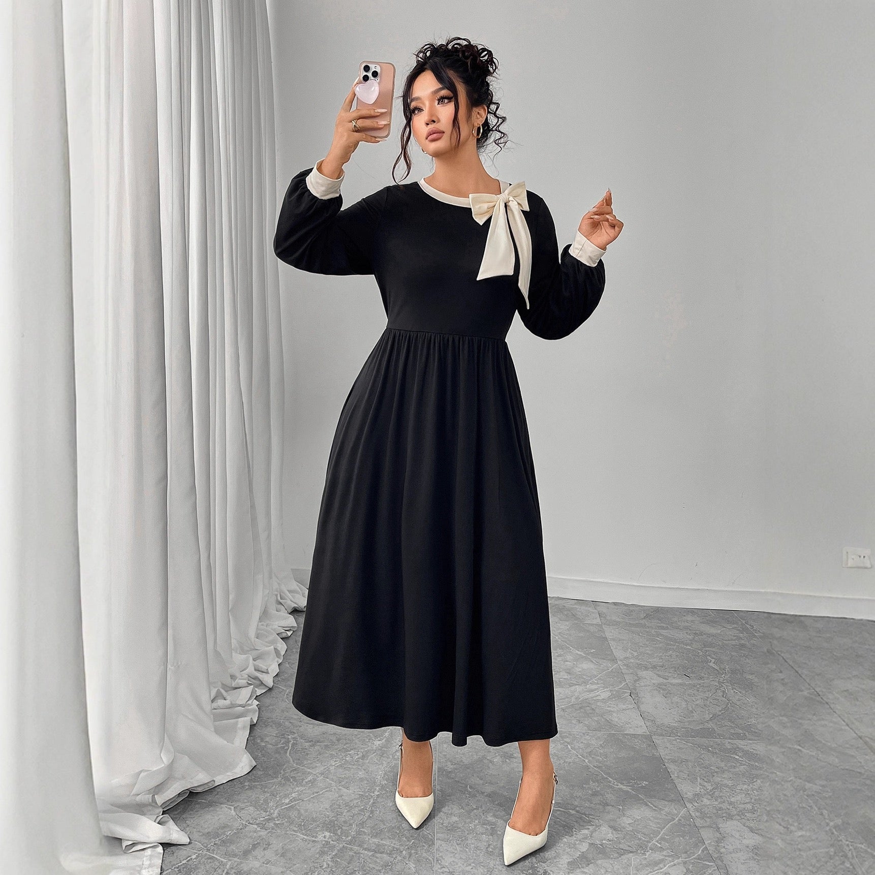 Plus Size Long Sleeve Dress with Decorative Bow Front