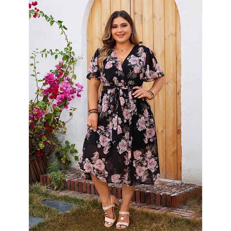 Plus Size Flowing Floral Wrap Dress with Short Sleeves
