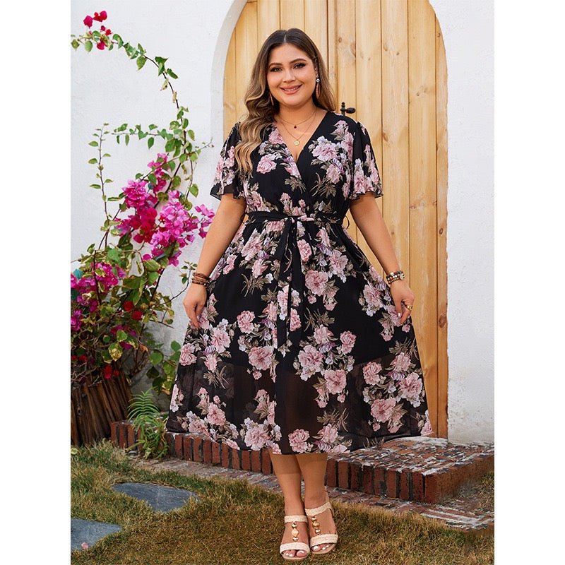 Plus Size Flowing Floral Wrap Dress with Short Sleeves