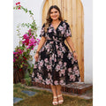 Plus Size Flowing Floral Wrap Dress with Short Sleeves