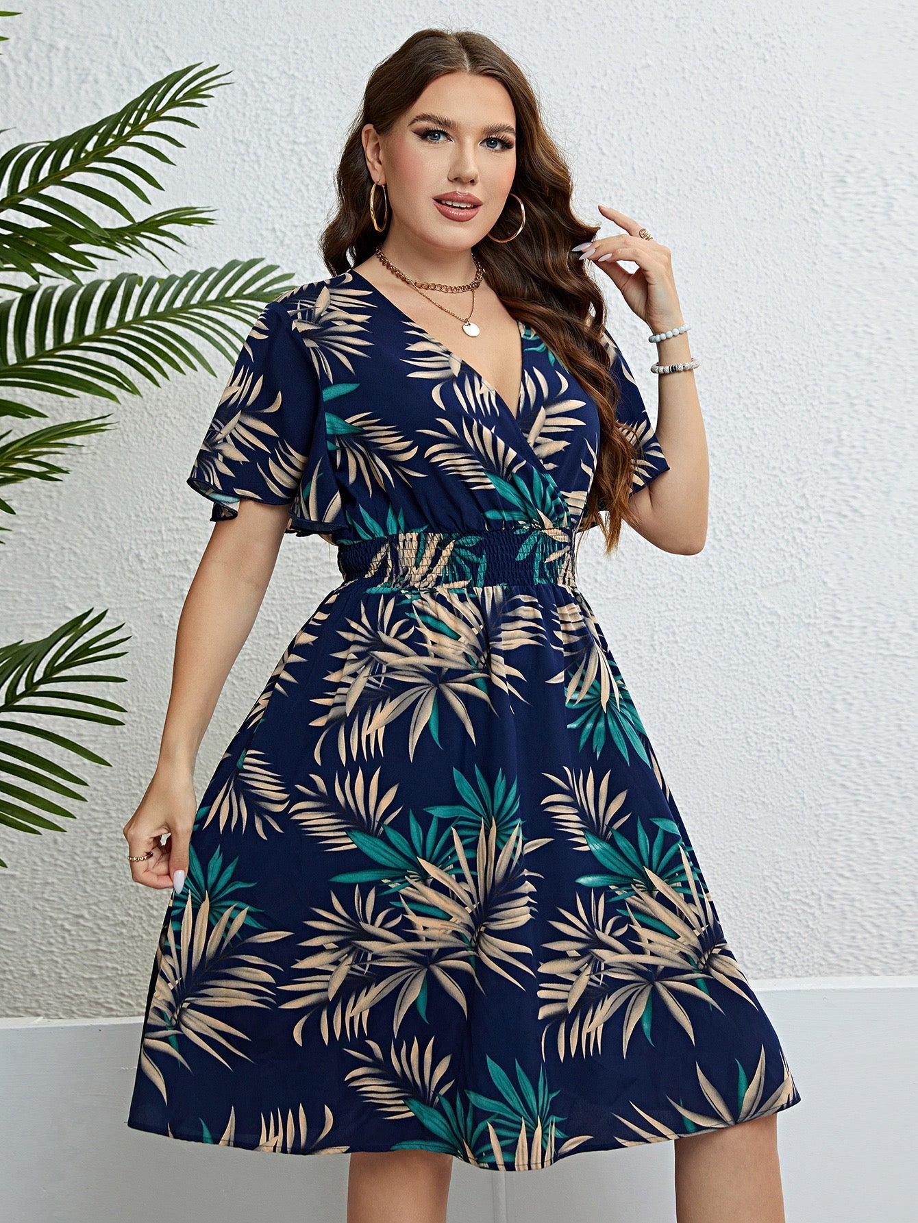 Plus Size Elegant Palm Print Wrap Dress