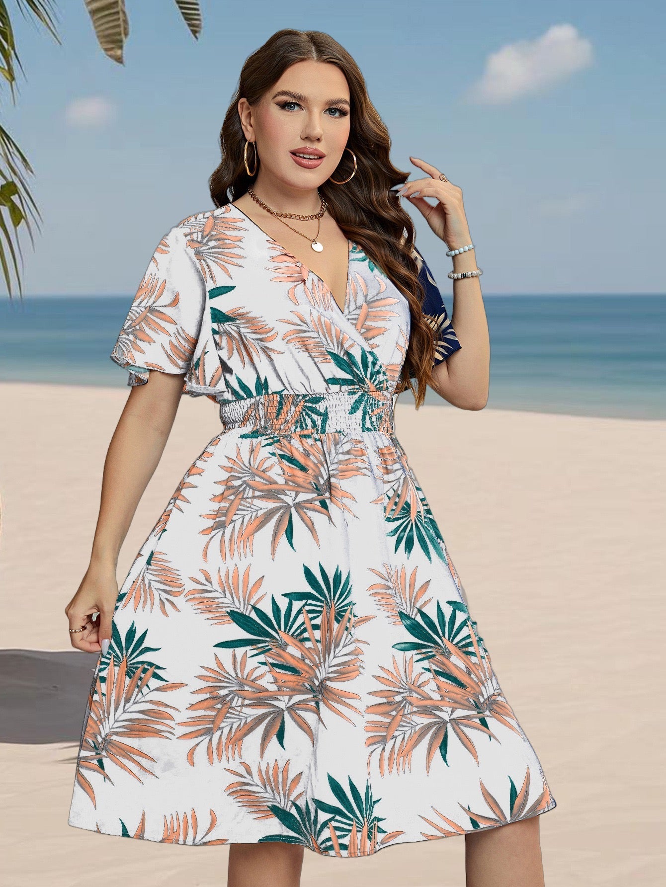 Plus Size Elegant Palm Print Wrap Dress
