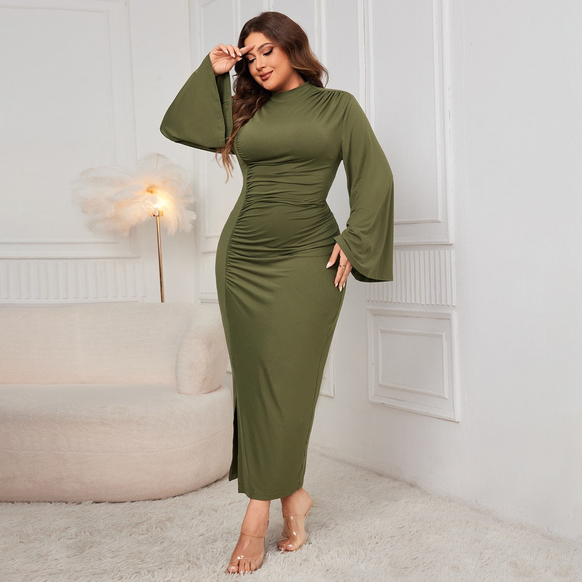 Plus Size Flared Sleeve Maxi Dress with Defined Waist