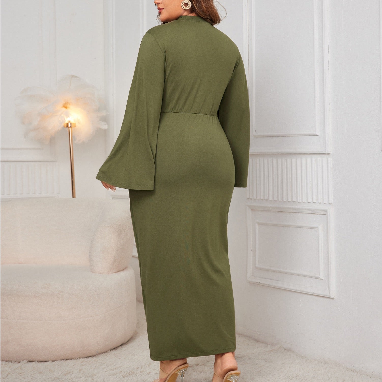 Plus Size Flared Sleeve Maxi Dress with Defined Waist