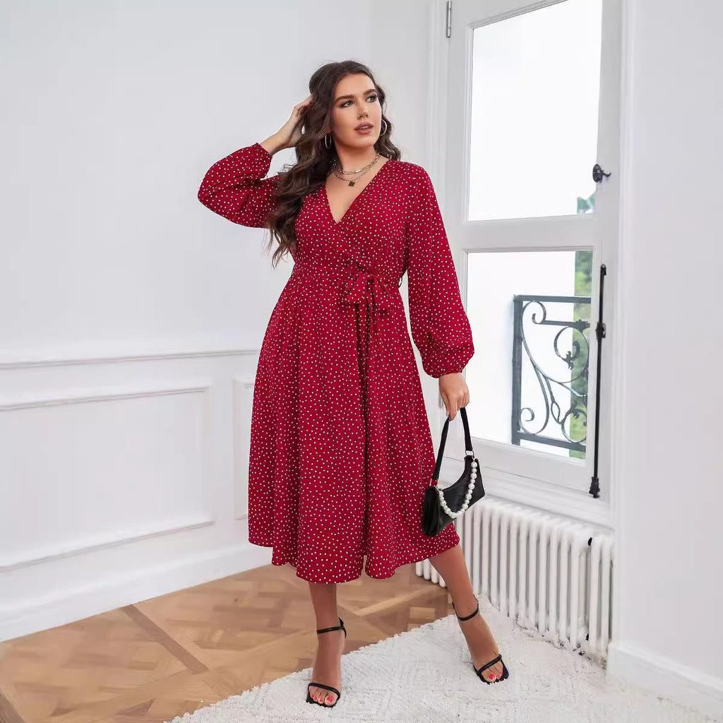 Plus Size Red Long Sleeve Wrap Dress with Polka Detail