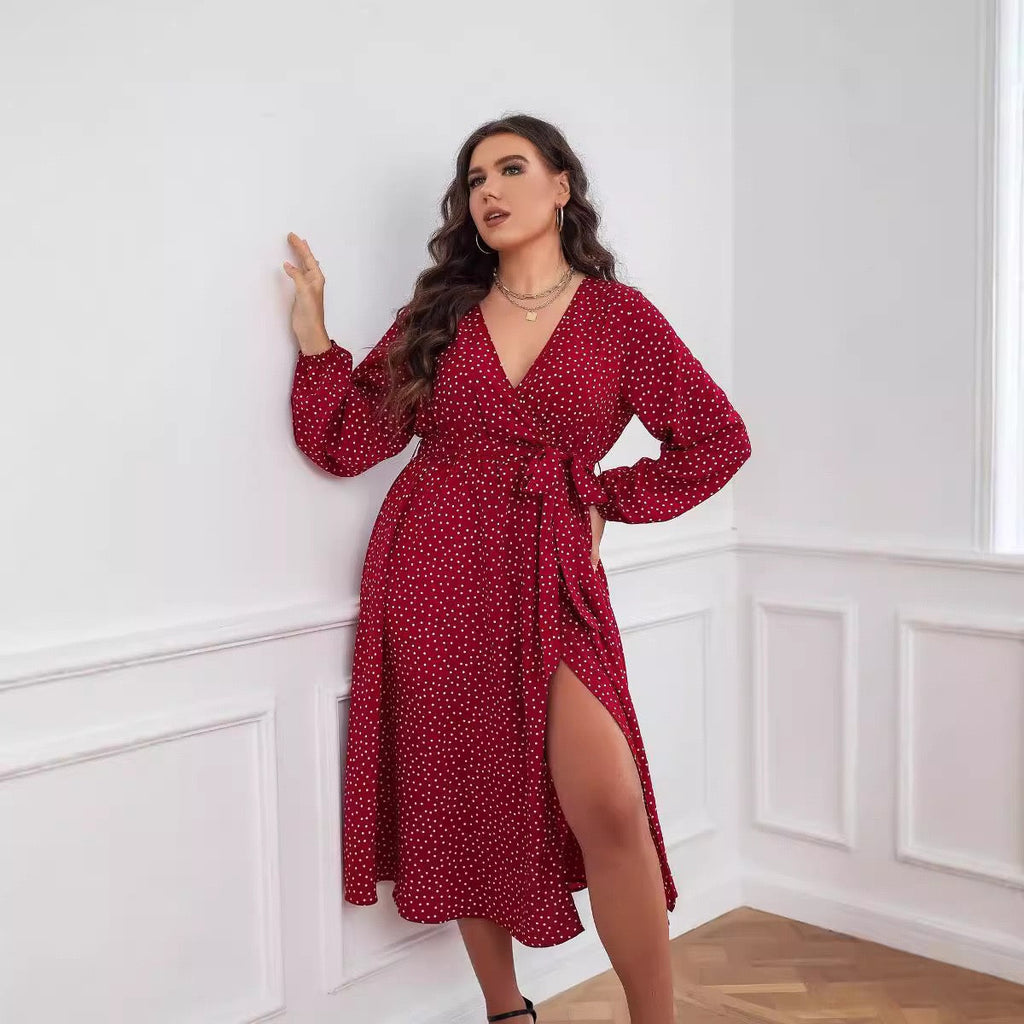 Plus Size Red Long Sleeve Wrap Dress with Polka Detail