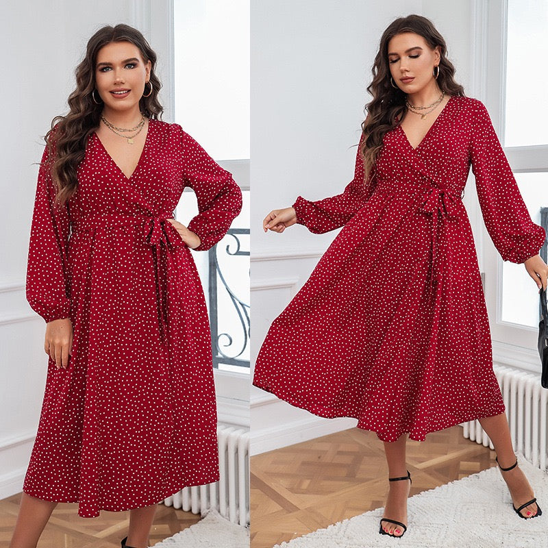 Plus Size Red Long Sleeve Wrap Dress with Polka Detail