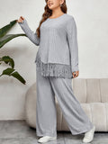 Plus Size Textured Ribbed Loungewear Set with Fringe Trim