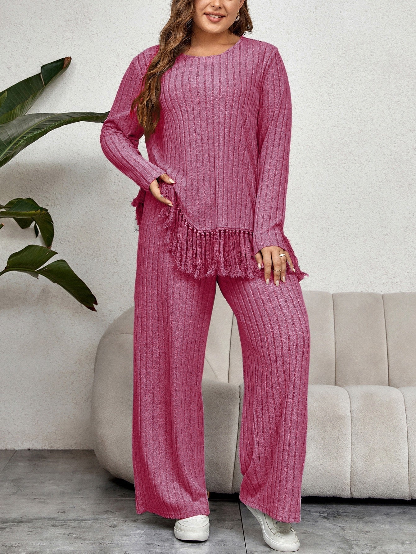 Plus Size Textured Ribbed Loungewear Set with Fringe Trim