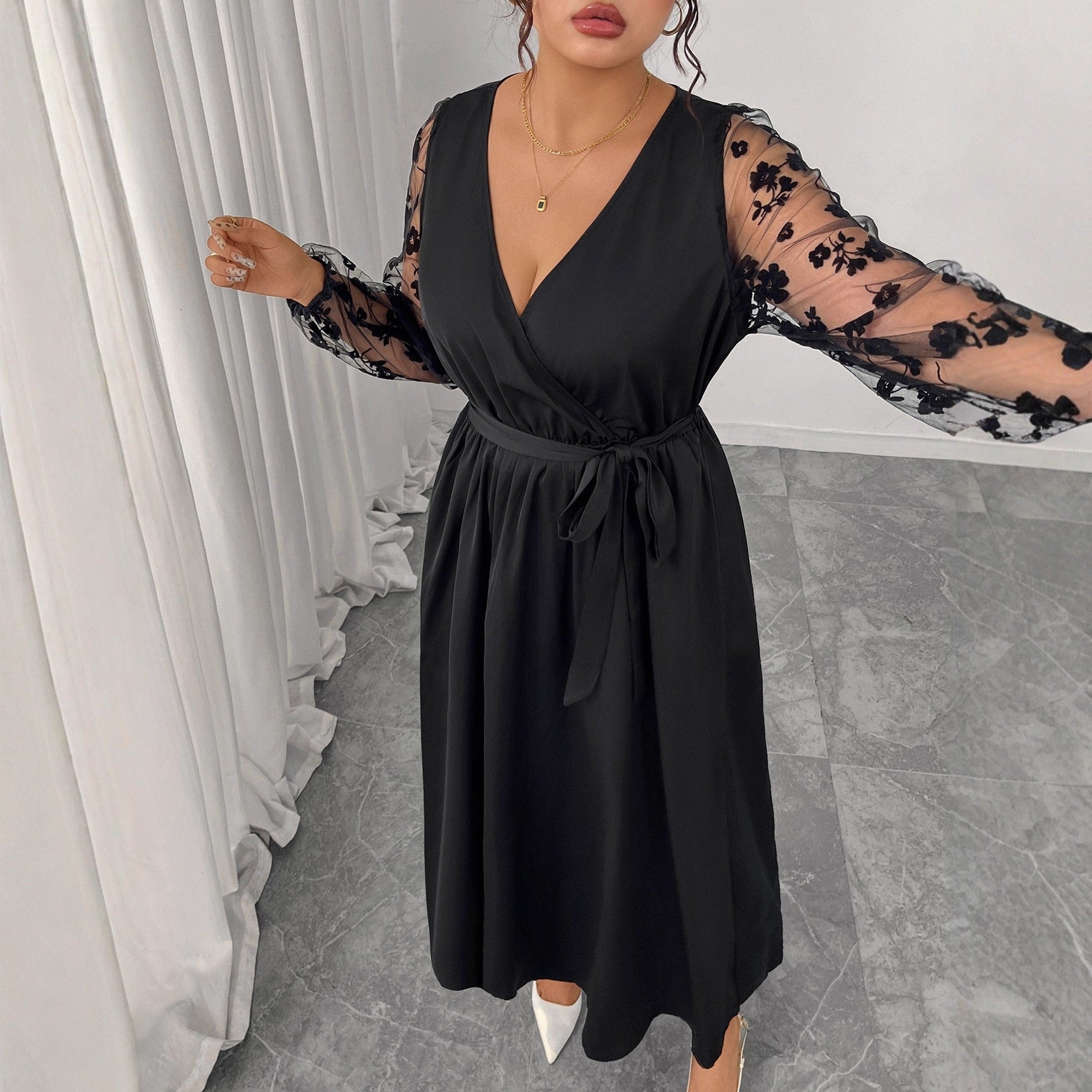 Plus Size Refined Wrap Dress with Embroidered Transparency Sleeves