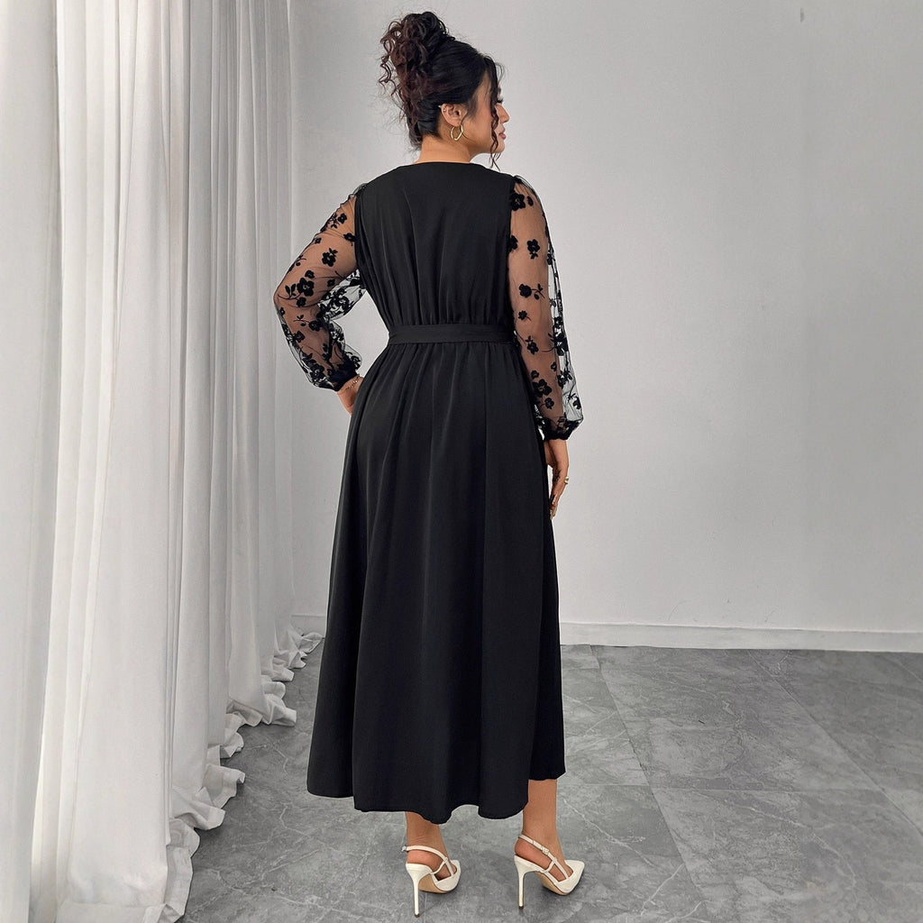 Plus Size Refined Wrap Dress with Embroidered Transparency Sleeves