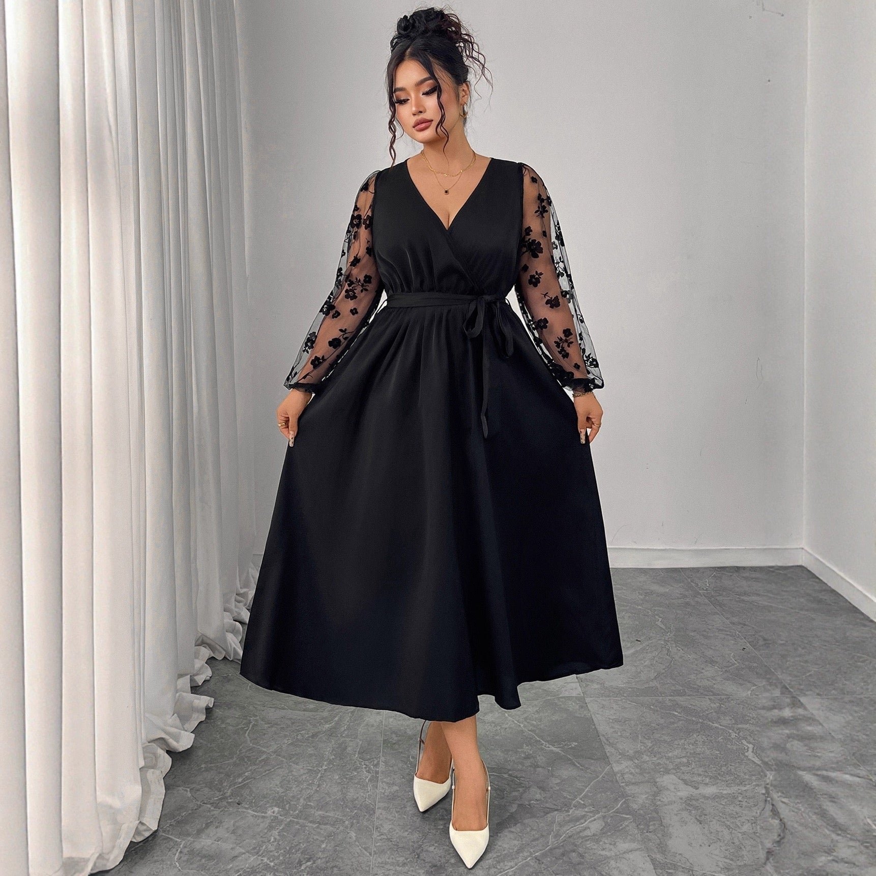 Plus Size Refined Wrap Dress with Embroidered Transparency Sleeves