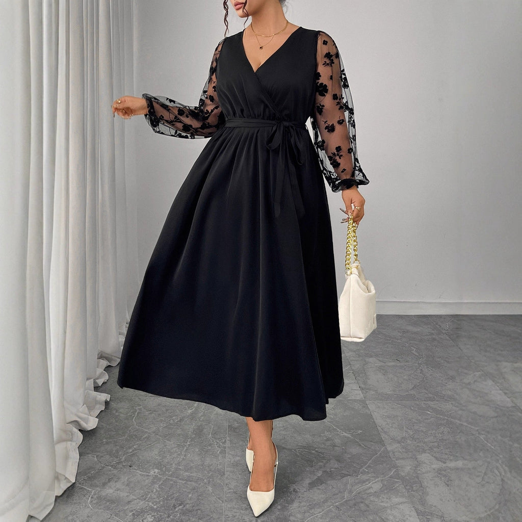 Plus Size Refined Wrap Dress with Embroidered Transparency Sleeves