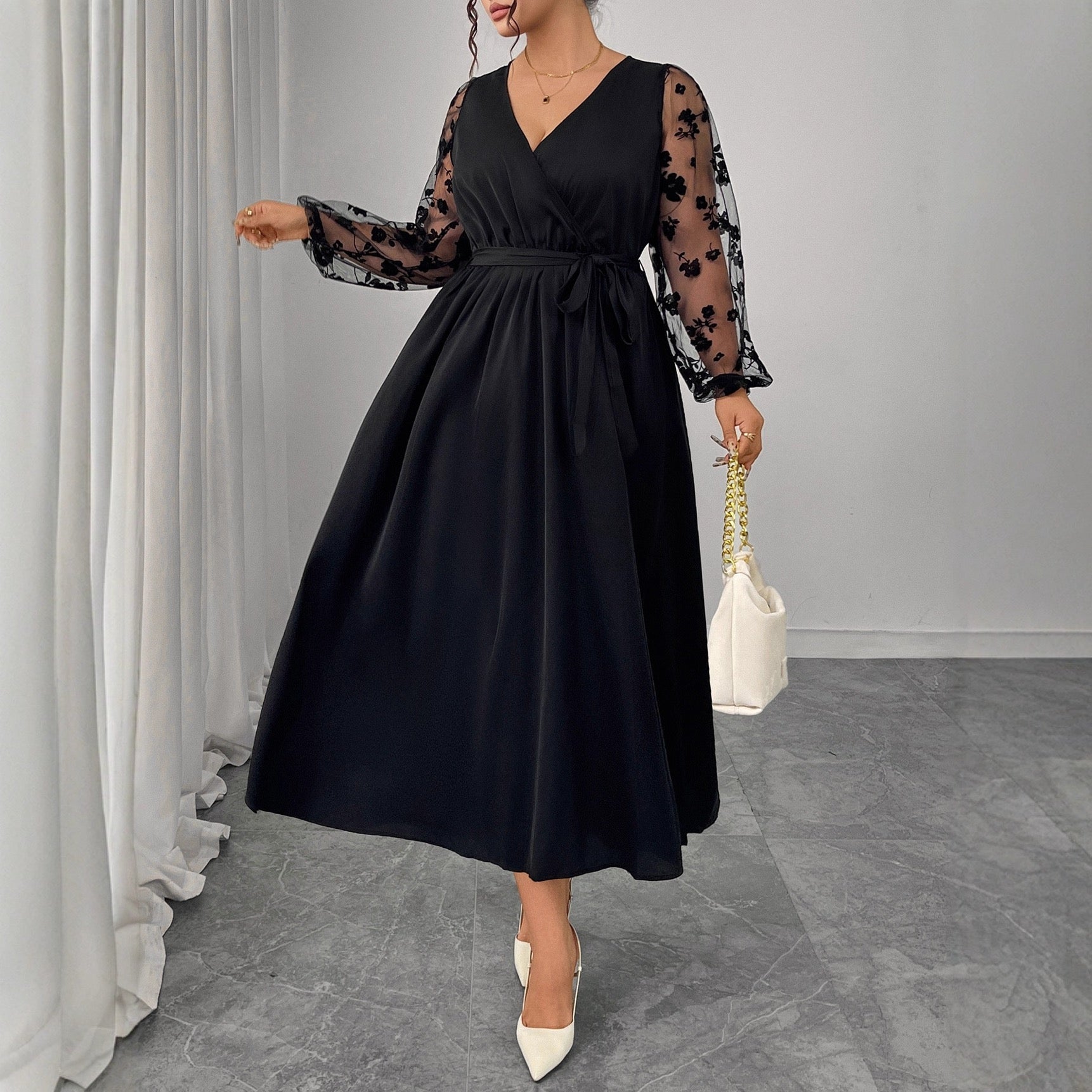 Plus Size Refined Wrap Dress with Embroidered Transparency Sleeves