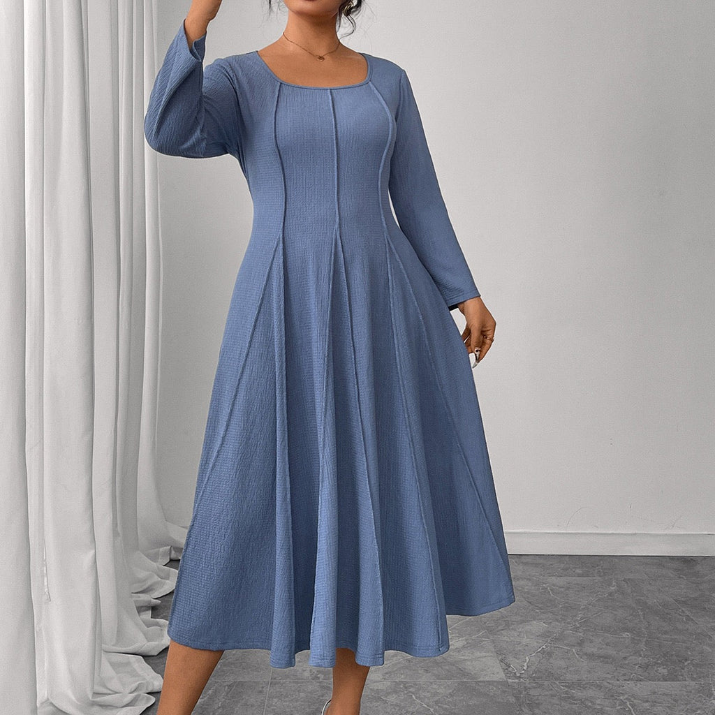 Plus Size Blue Sculpted Panel Midi Dress with Flared Skirt