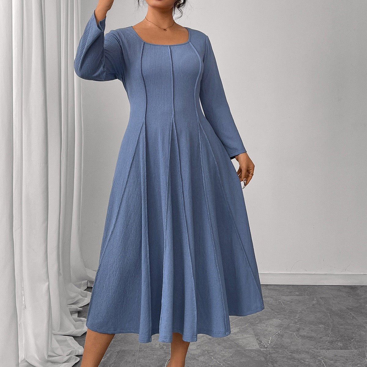 Plus Size Blue Sculpted Panel Midi Dress with Flared Skirt