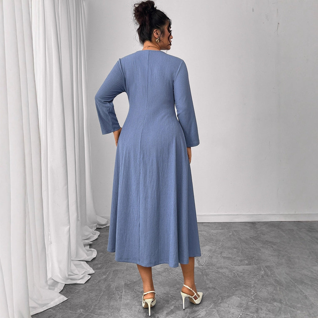 Plus Size Blue Sculpted Panel Midi Dress with Flared Skirt