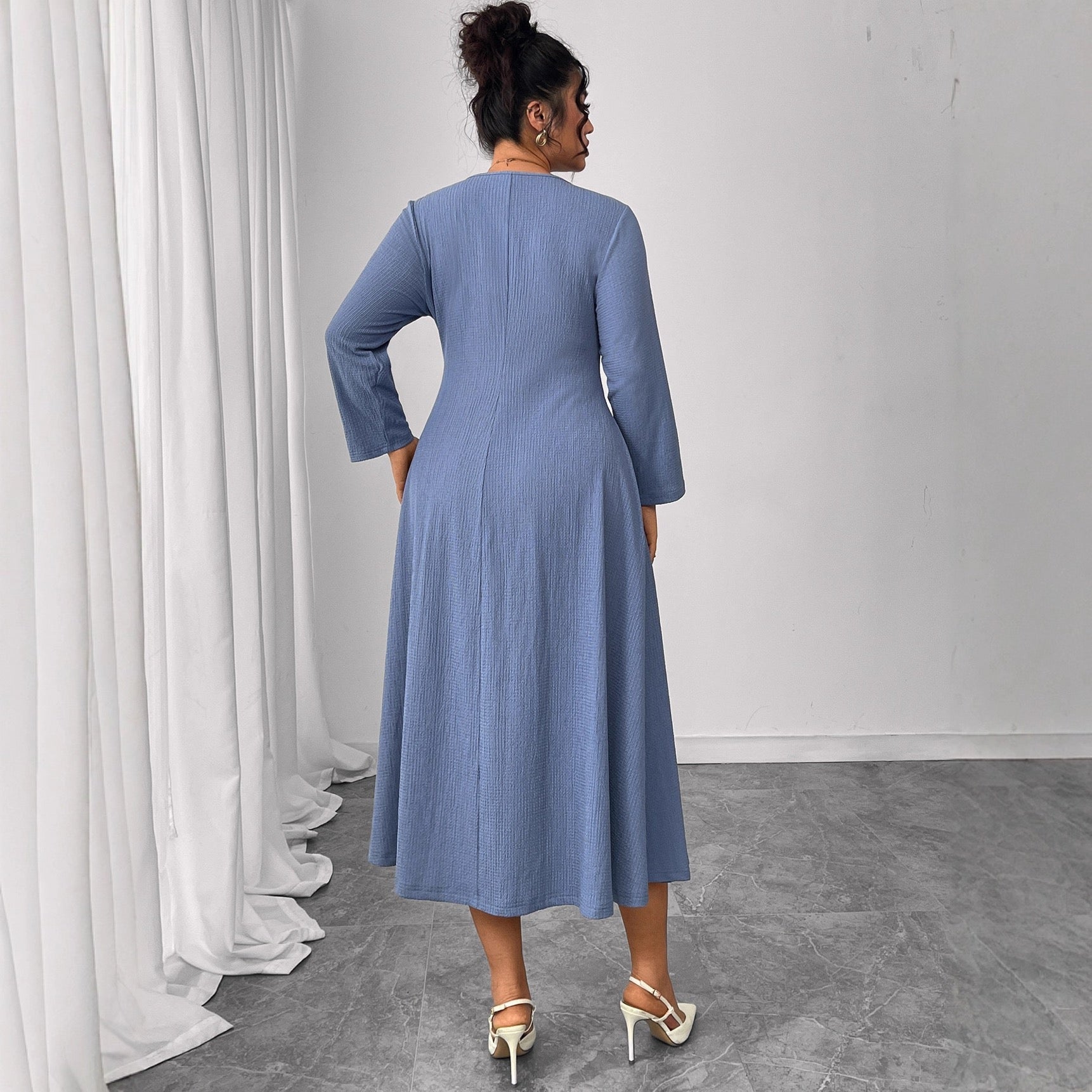 Plus Size Blue Sculpted Panel Midi Dress with Flared Skirt