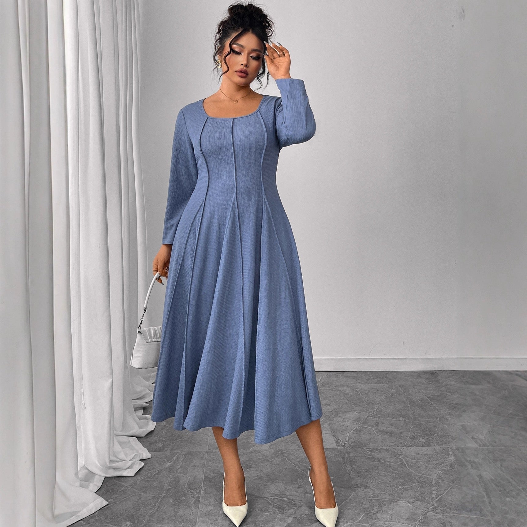 Plus Size Blue Sculpted Panel Midi Dress with Flared Skirt