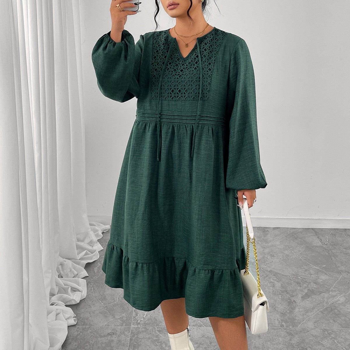 Plus Size Elegant Boho Embroidered Long Sleeve Midi Dress