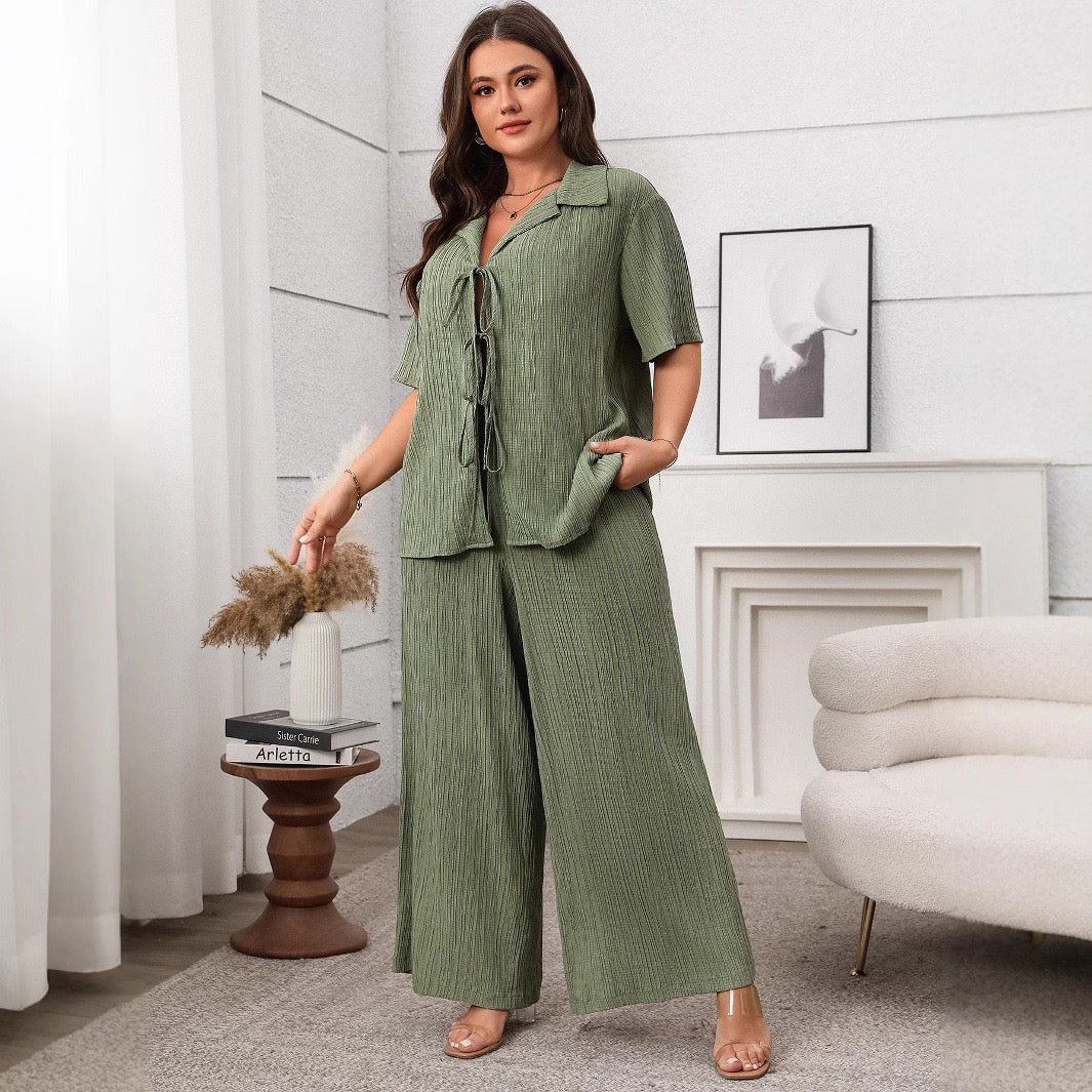Plus Size Tie Front Shirt and Wide Leg Trousers Set