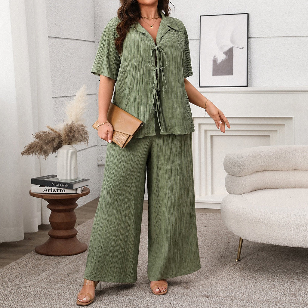 Plus Size Tie Front Shirt and Wide Leg Trousers Set