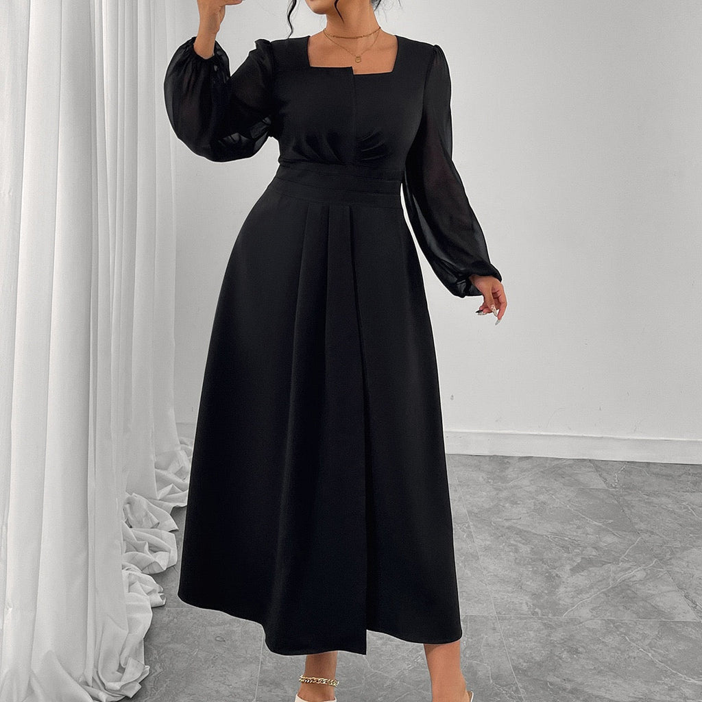 Plus Size Elegant Square Neck Long Sleeve Midi Dress