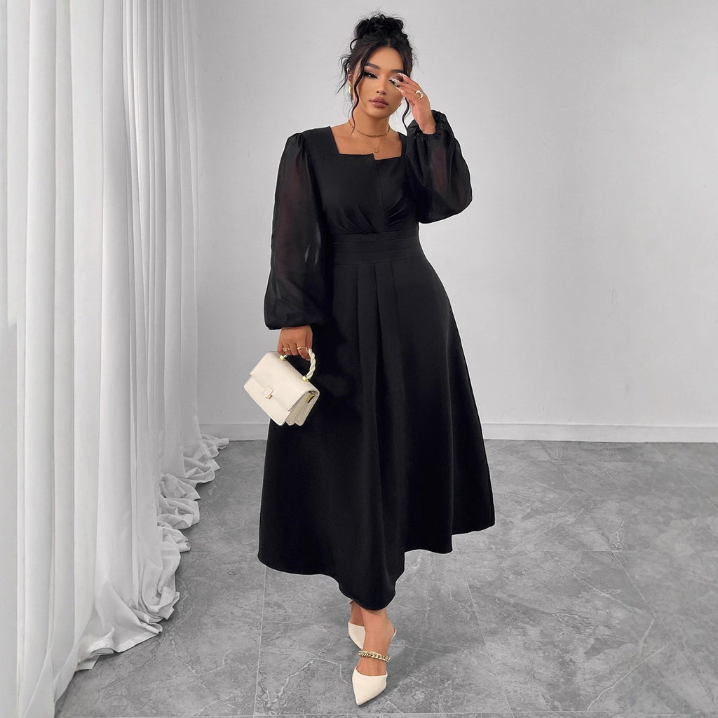 Plus Size Elegant Square Neck Long Sleeve Midi Dress