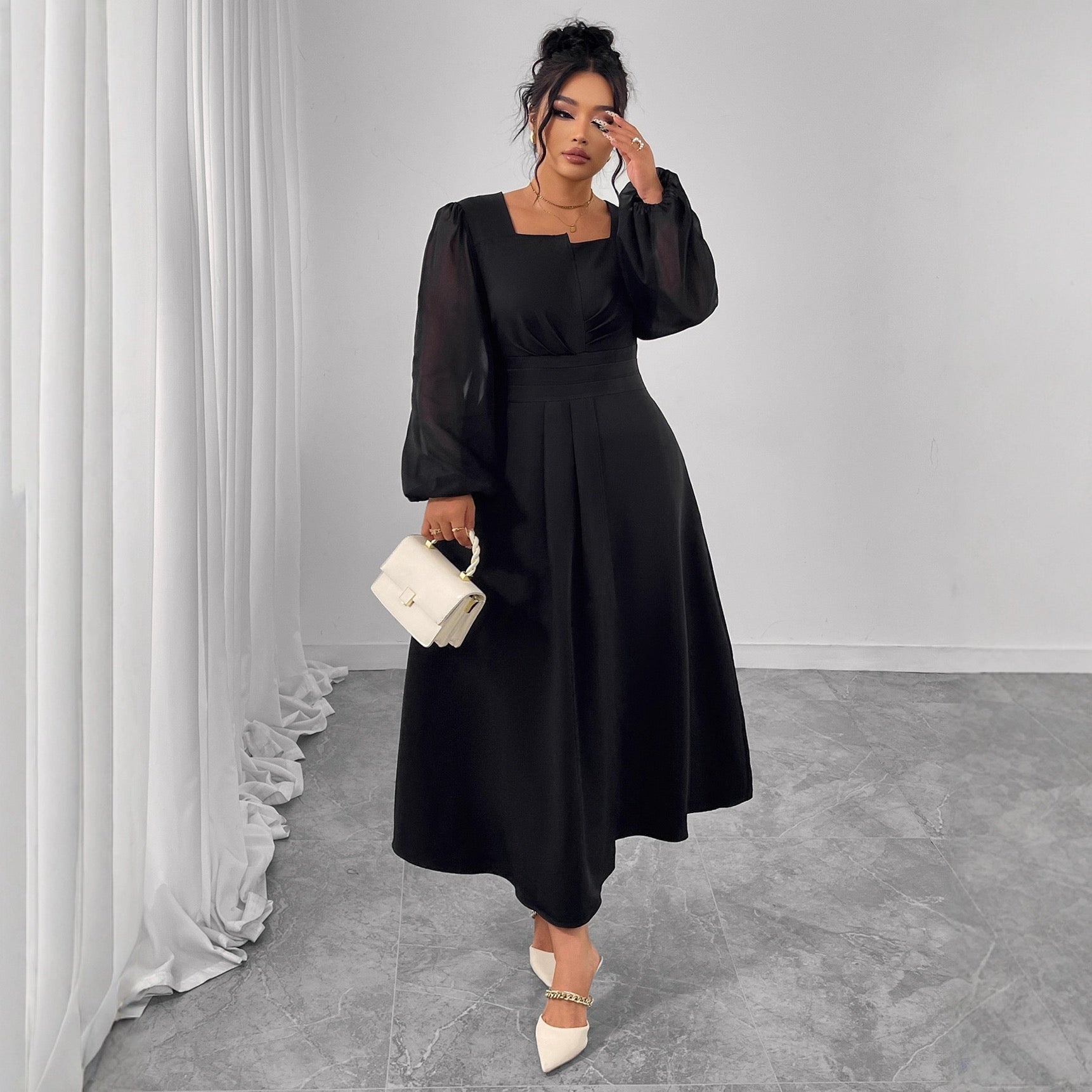 Plus Size Elegant Square Neck Long Sleeve Midi Dress
