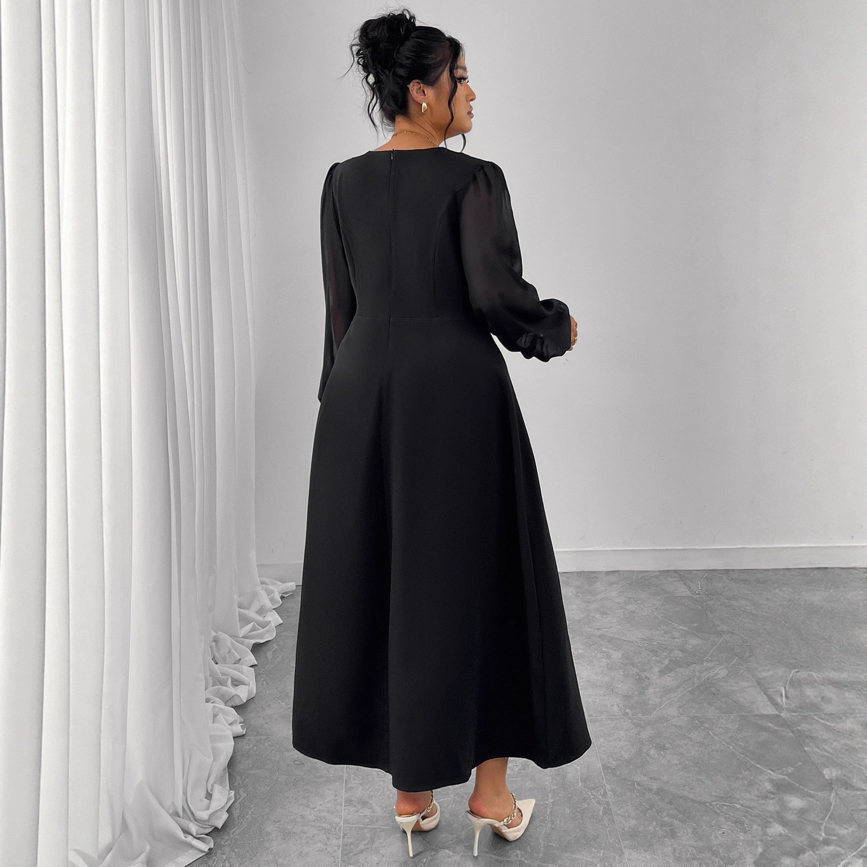 Plus Size Elegant Square Neck Long Sleeve Midi Dress