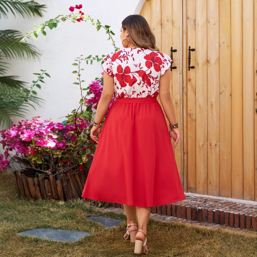 Plus Size Red Floral V Neck Midi Dress