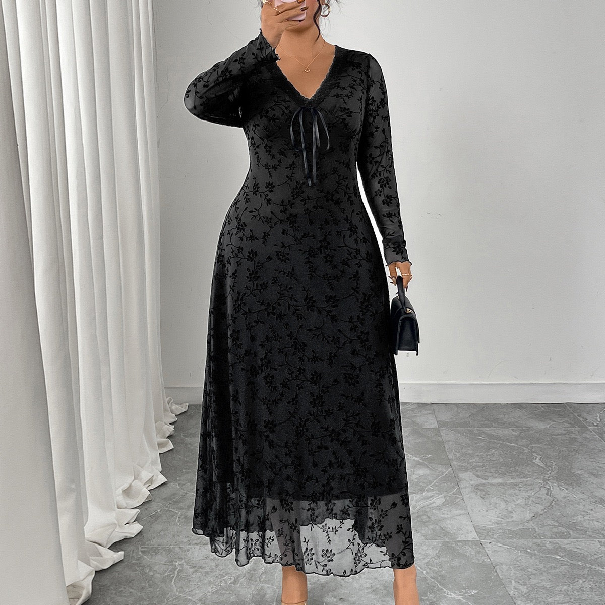 Plus Size Floral Mesh Long Sleeve Maxi Dress