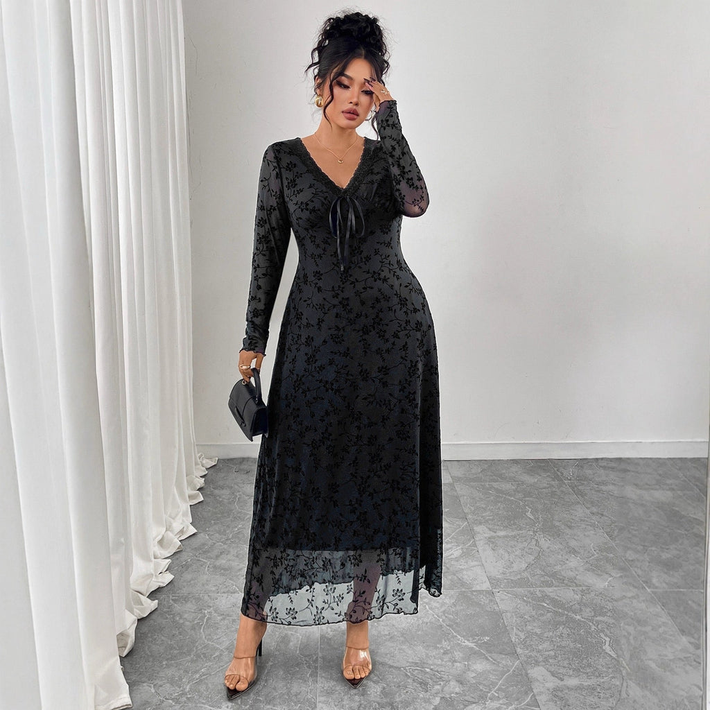 Plus Size Floral Mesh Long Sleeve Maxi Dress